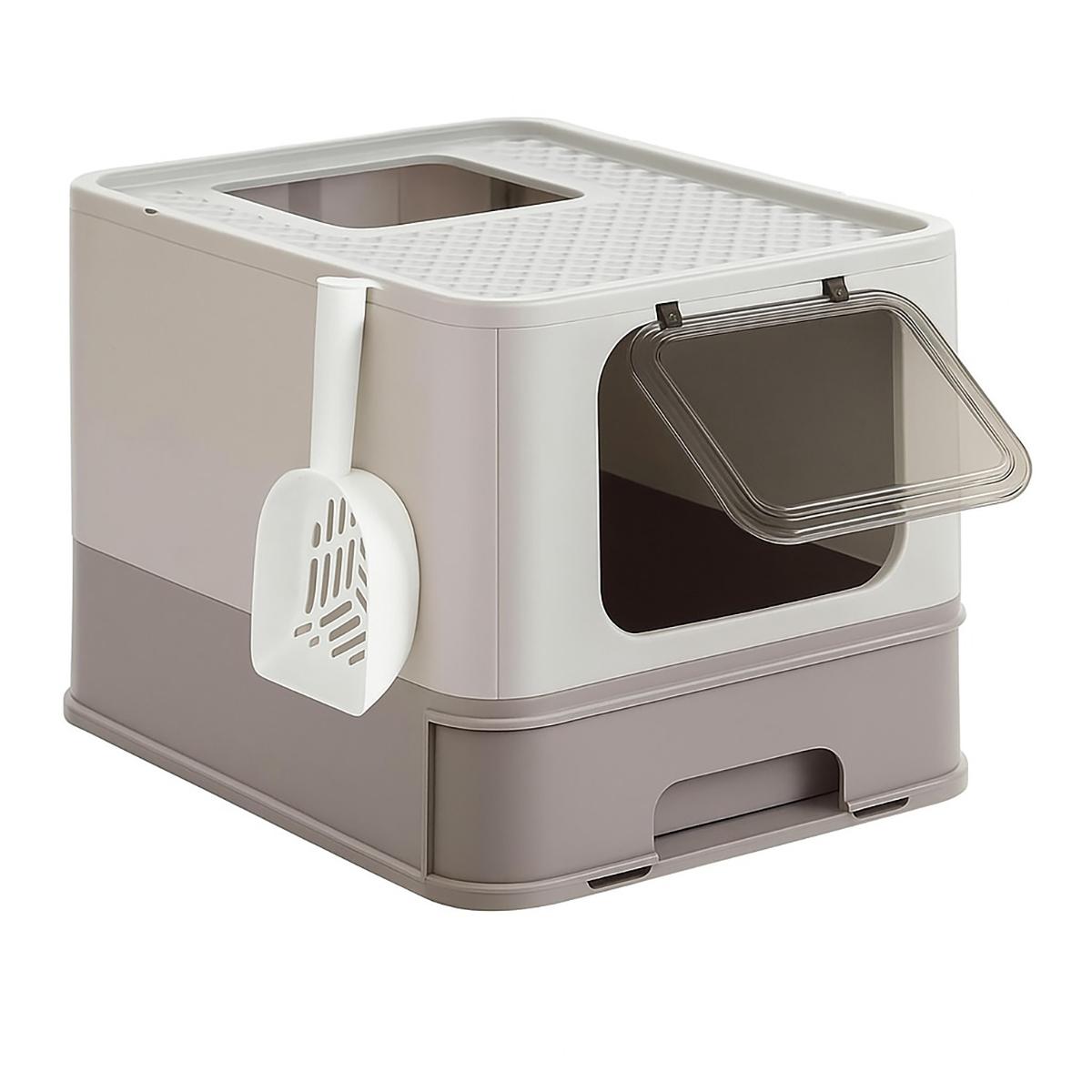LASA Foldable Cat Litter Box Grey with Lid Drawer and Scoop