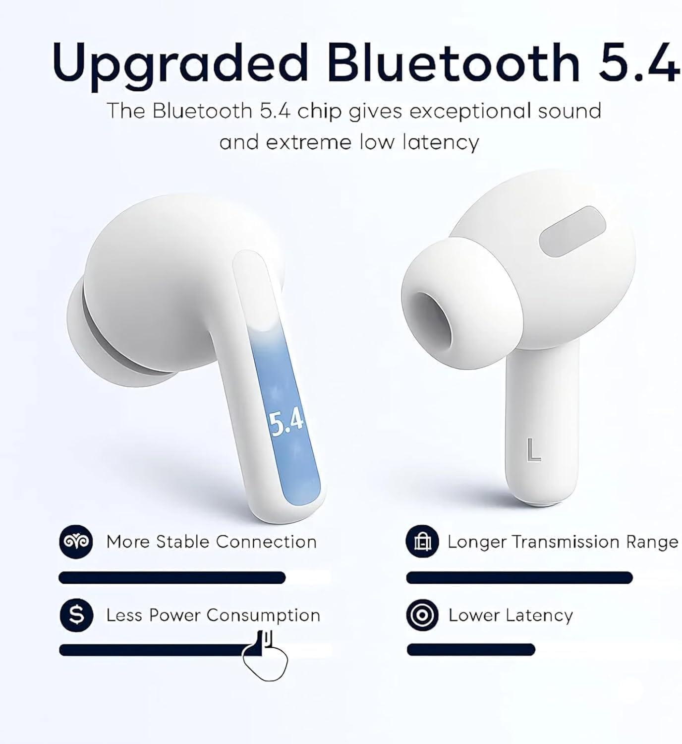 سماعات لاسلكية متوافقة مع AirPods Pro 2 ، بلوتوث 5.3، إلغاء الضوضاء النشط، عمر بطارية 30 ساعة، شحن لاسلكي، أبيض
