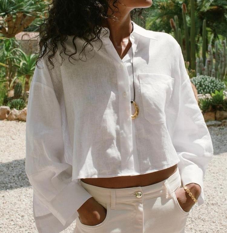White Cropped Linen Button Shirt