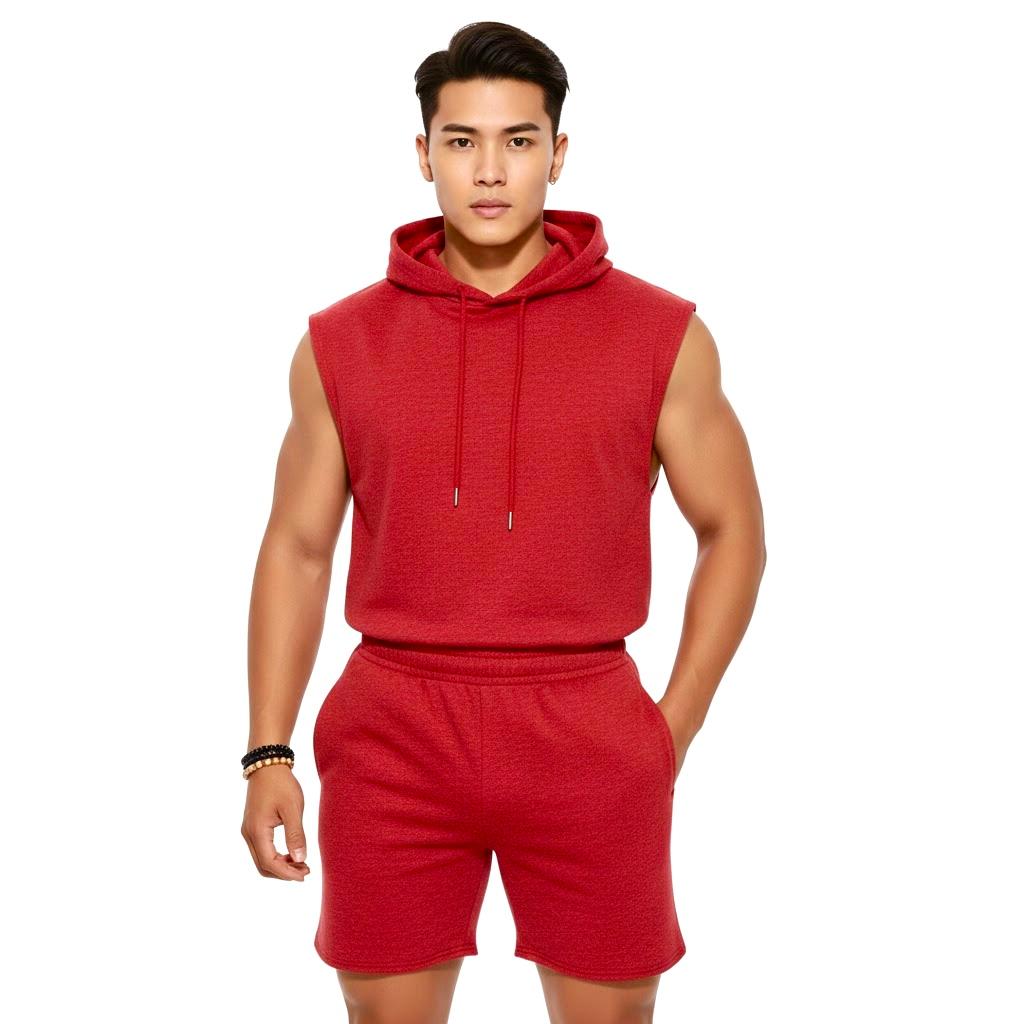 Red Sleeveless Hoodie Jogger Shorts Set