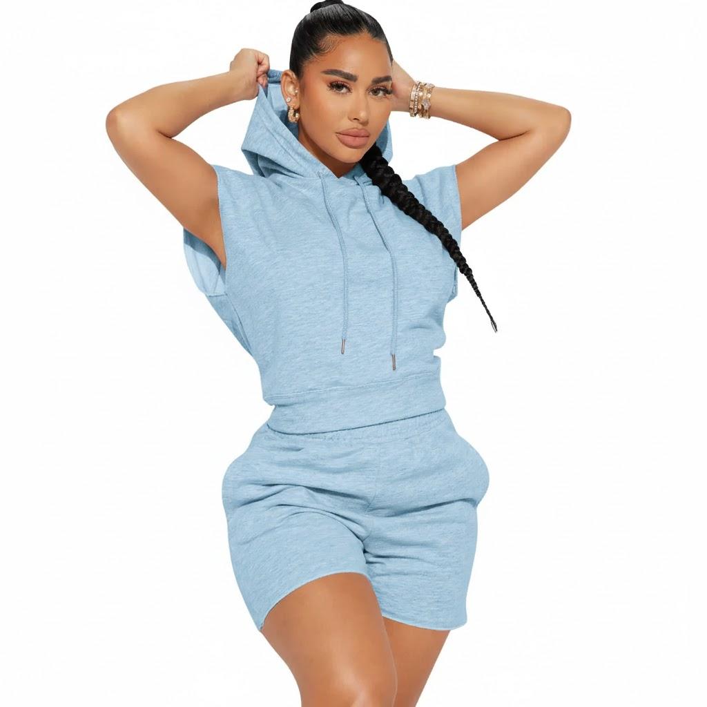 Light Blue Sleeveless Hoodie Jogger Shorts Set
