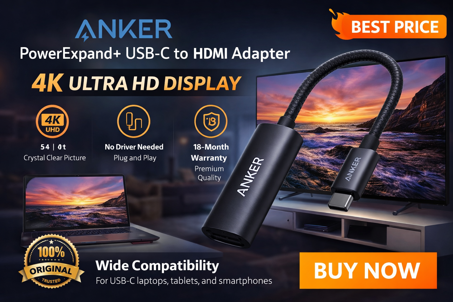 Anker PowerExpand USB-C to HDMI Adapter - 4K Ultra HD, Black