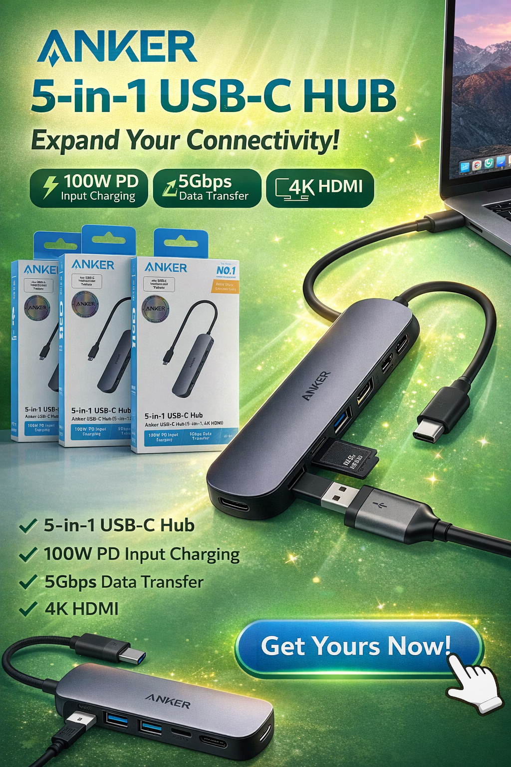 Anker 5-in-1 USB-C Hub - 4K HDMI, 100W PD, 5Gbps Data Transfer, Black