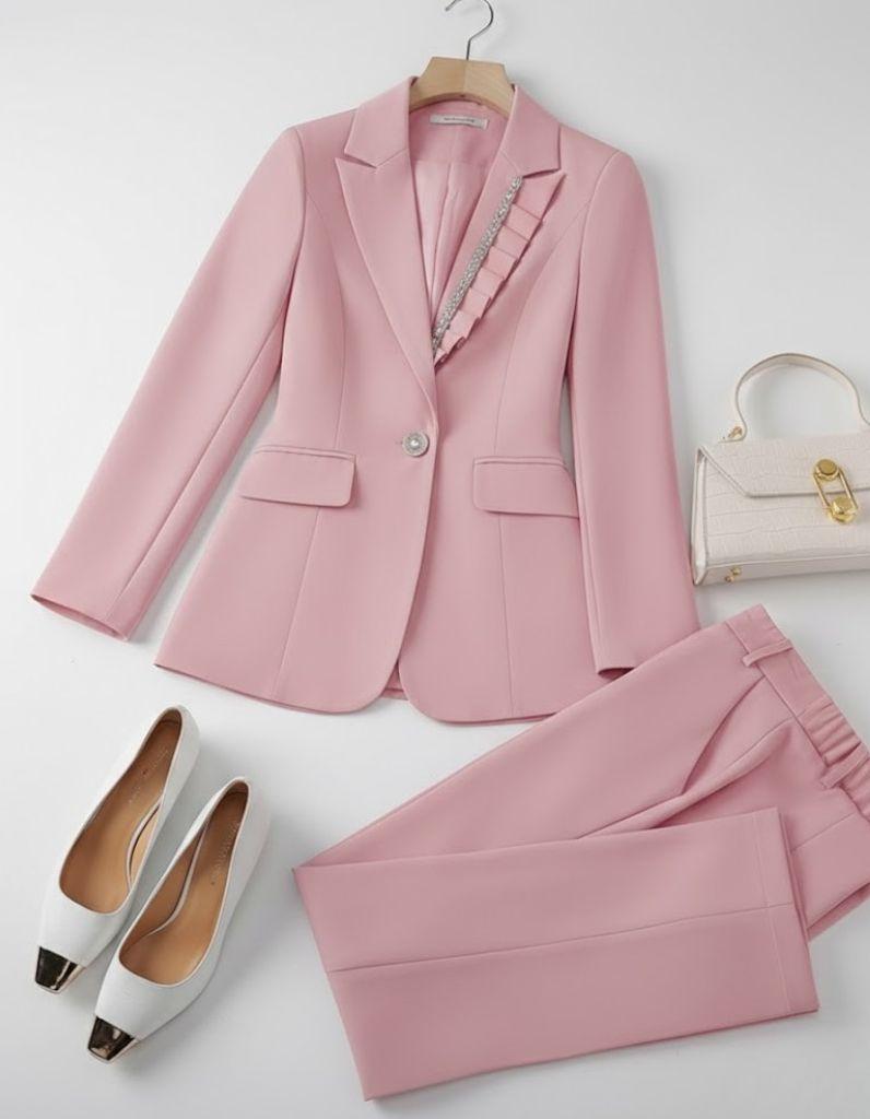 Pastel Pink Trouser Suit Set With Pearl Detailing