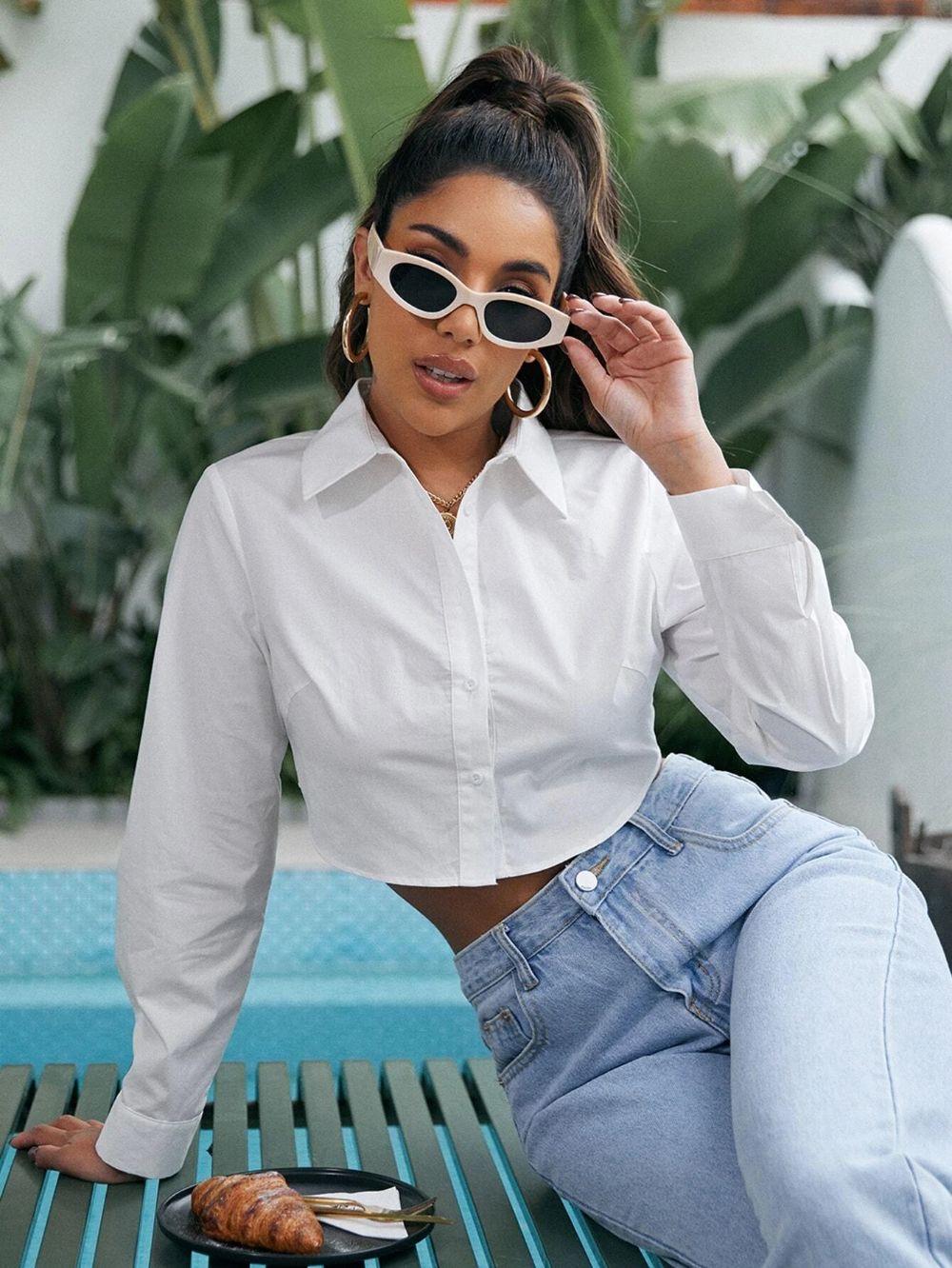 White Cropped Long Sleeve Shirt