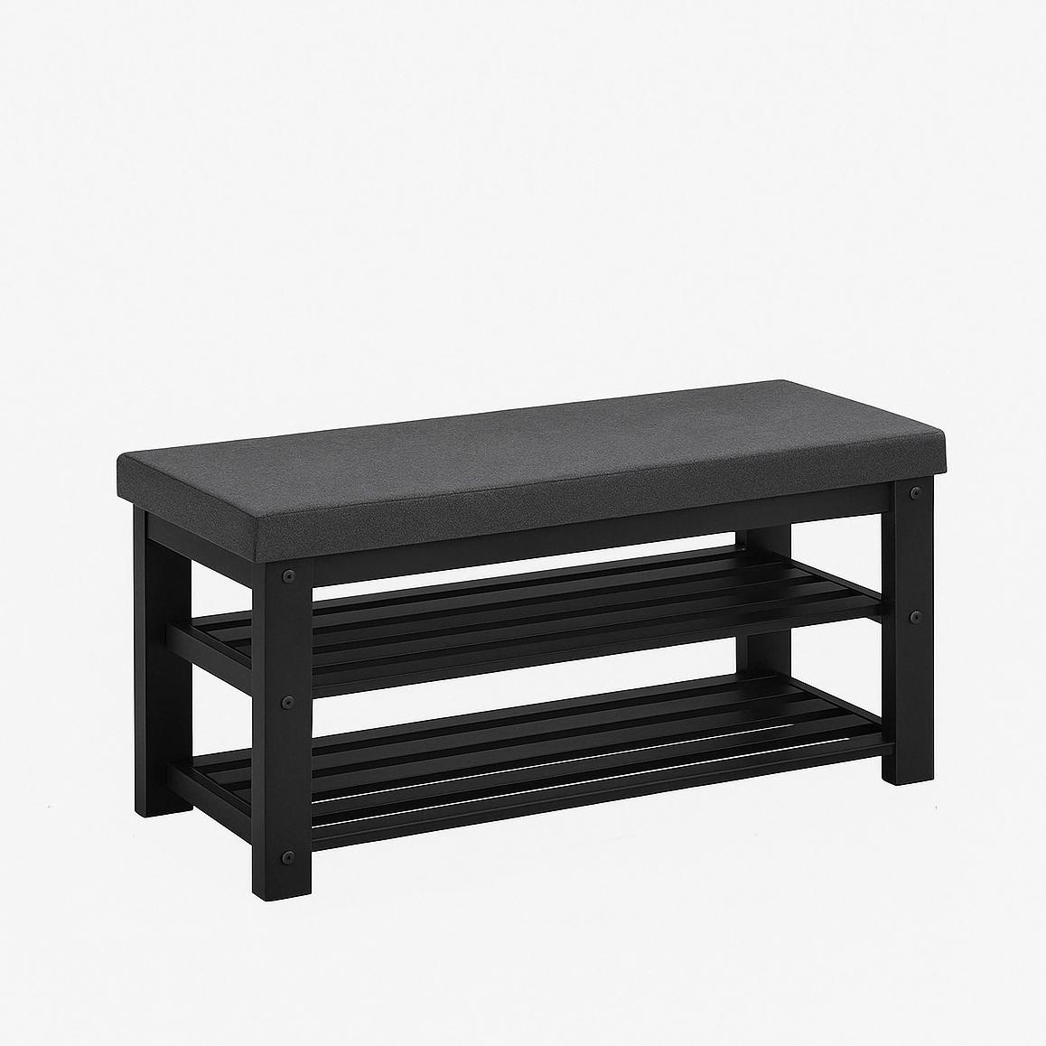 Shoe Storage Bench with Cushion and Shelves - Black