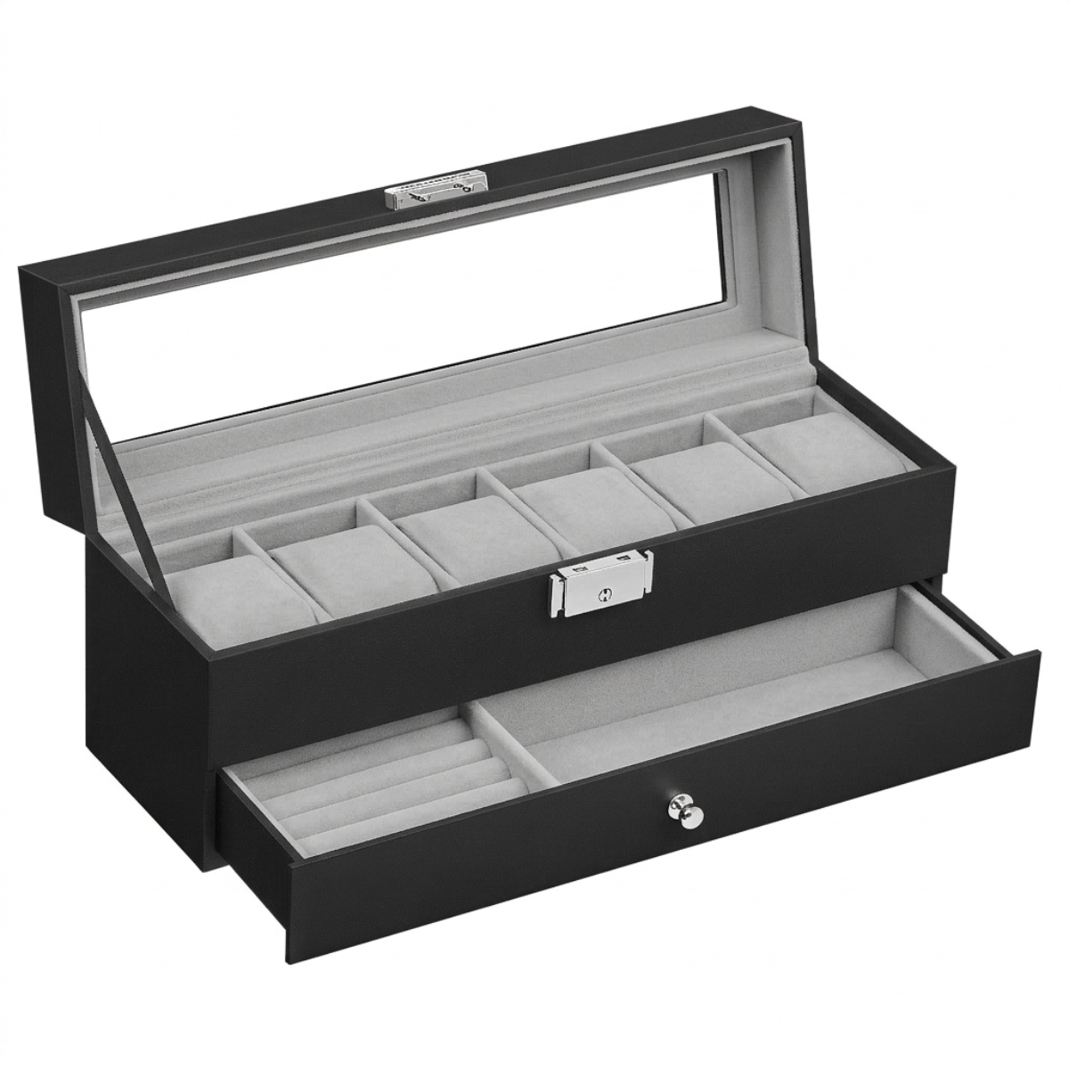 LASA 6 Slot Watch Box Organizer 2 Layer with Glass Lid Black – Polyurethane Quality LASA Home & Office Product
