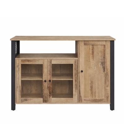 LASA 110 cm Kitchen Sideboard with Glass Doors, Adjustable Shelves and Metal Frame – Oak and Black