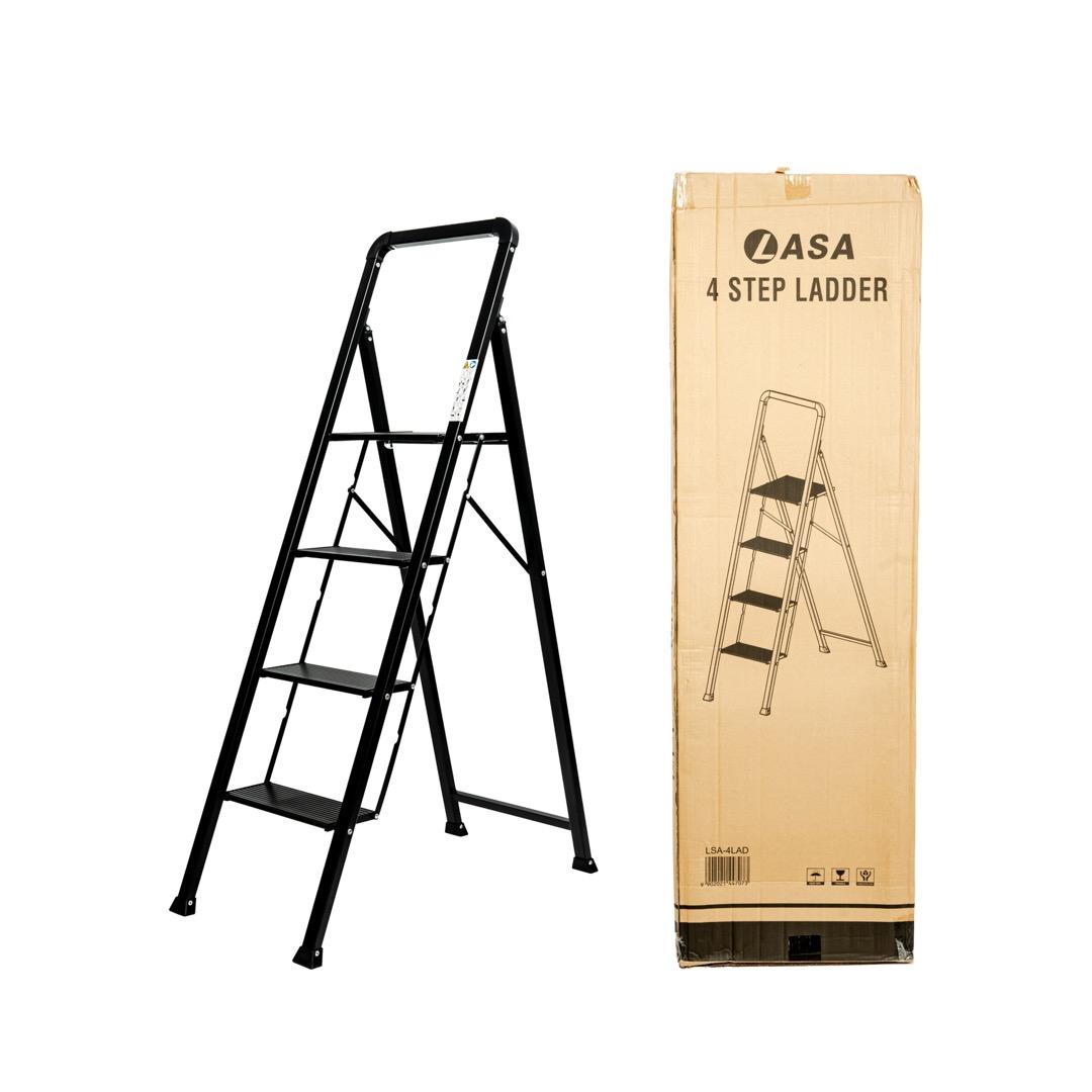LASA 4-Step Folding Aluminium Step Stool with Steel Frame – 150kg Load, Portable Compact Ladder for Home, Kitchen & Office