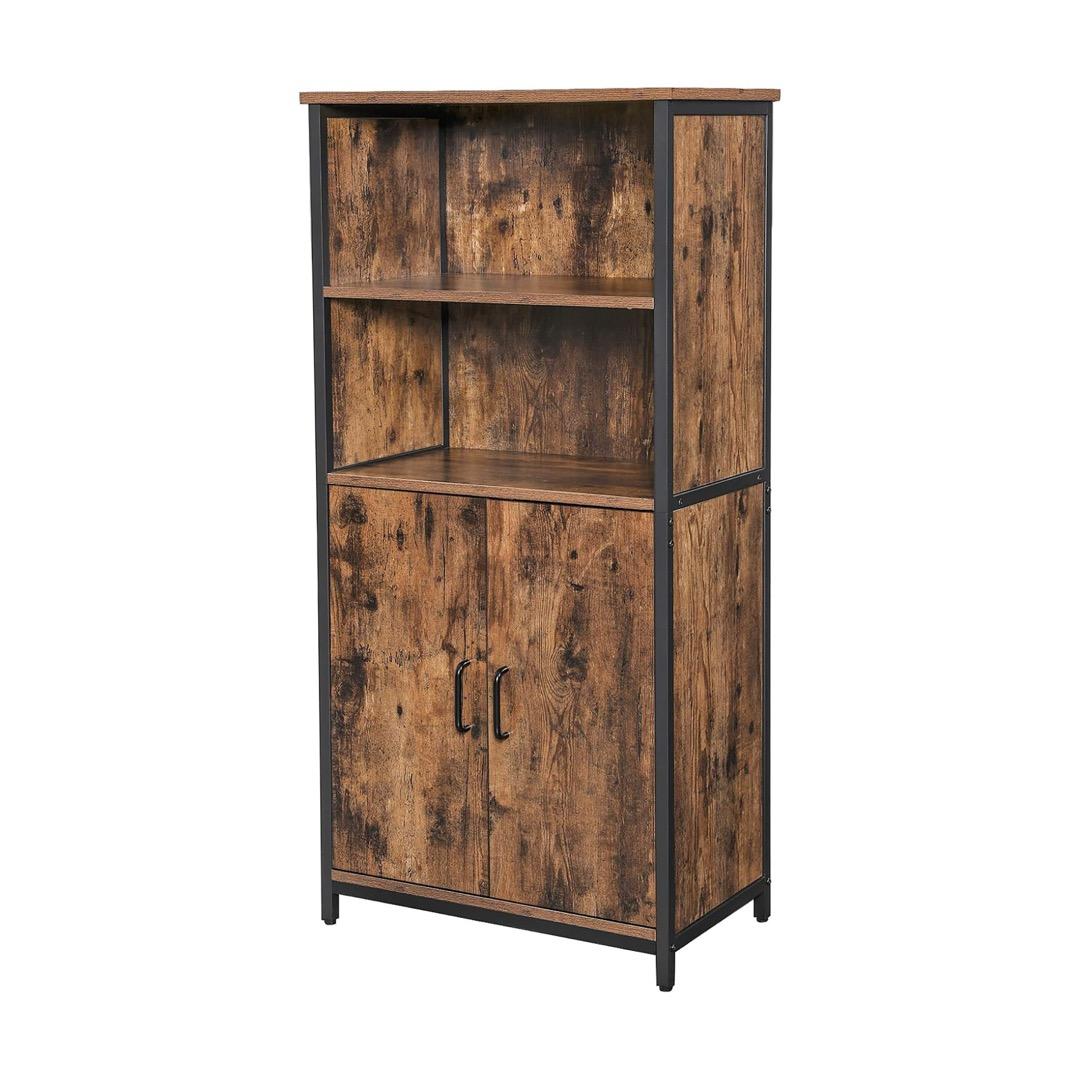 2-Door Bookshelf Cabinet - Wood & Stainless Steel, 125x60x35cm, Brown, Easy Assembly