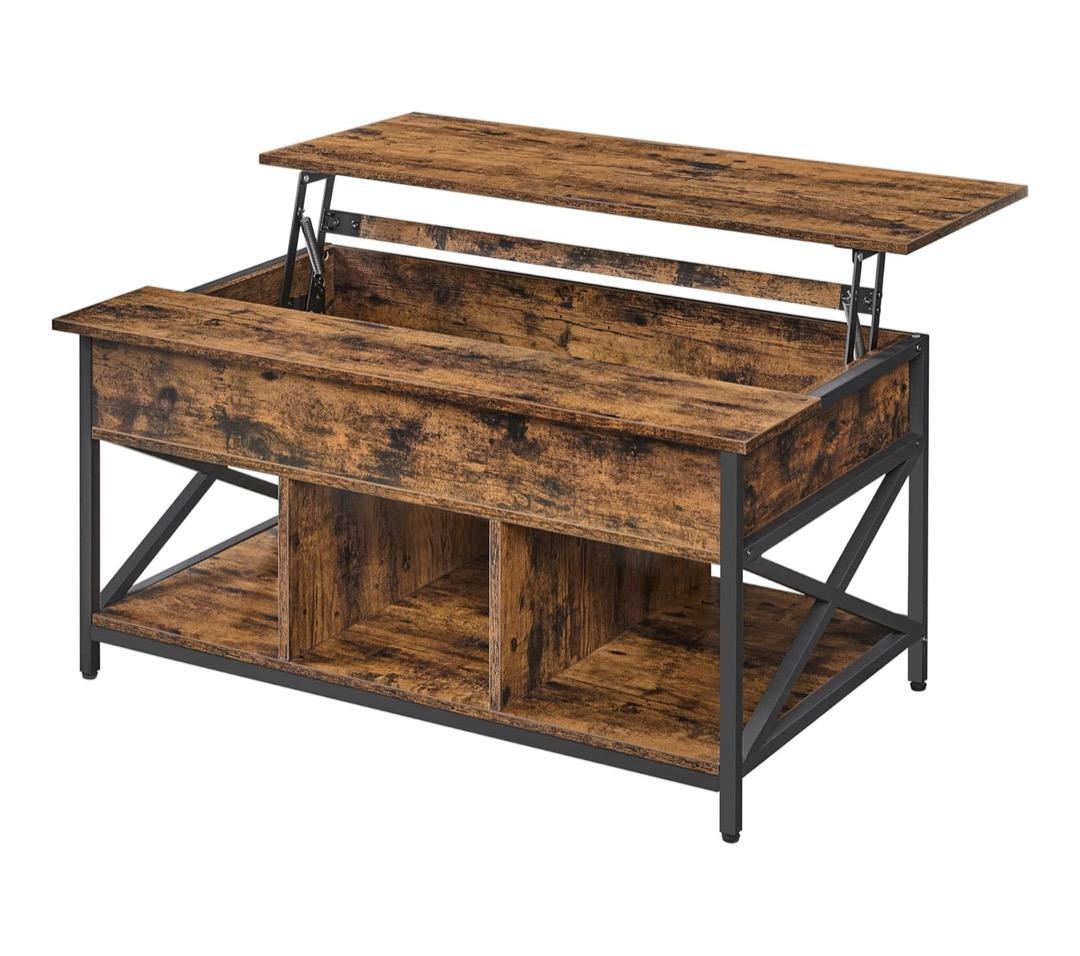 Rustic Lift-Top Coffee Table - Hidden Storage Compartment & Open Shelves - Multi-Function Living Room Centre Tables