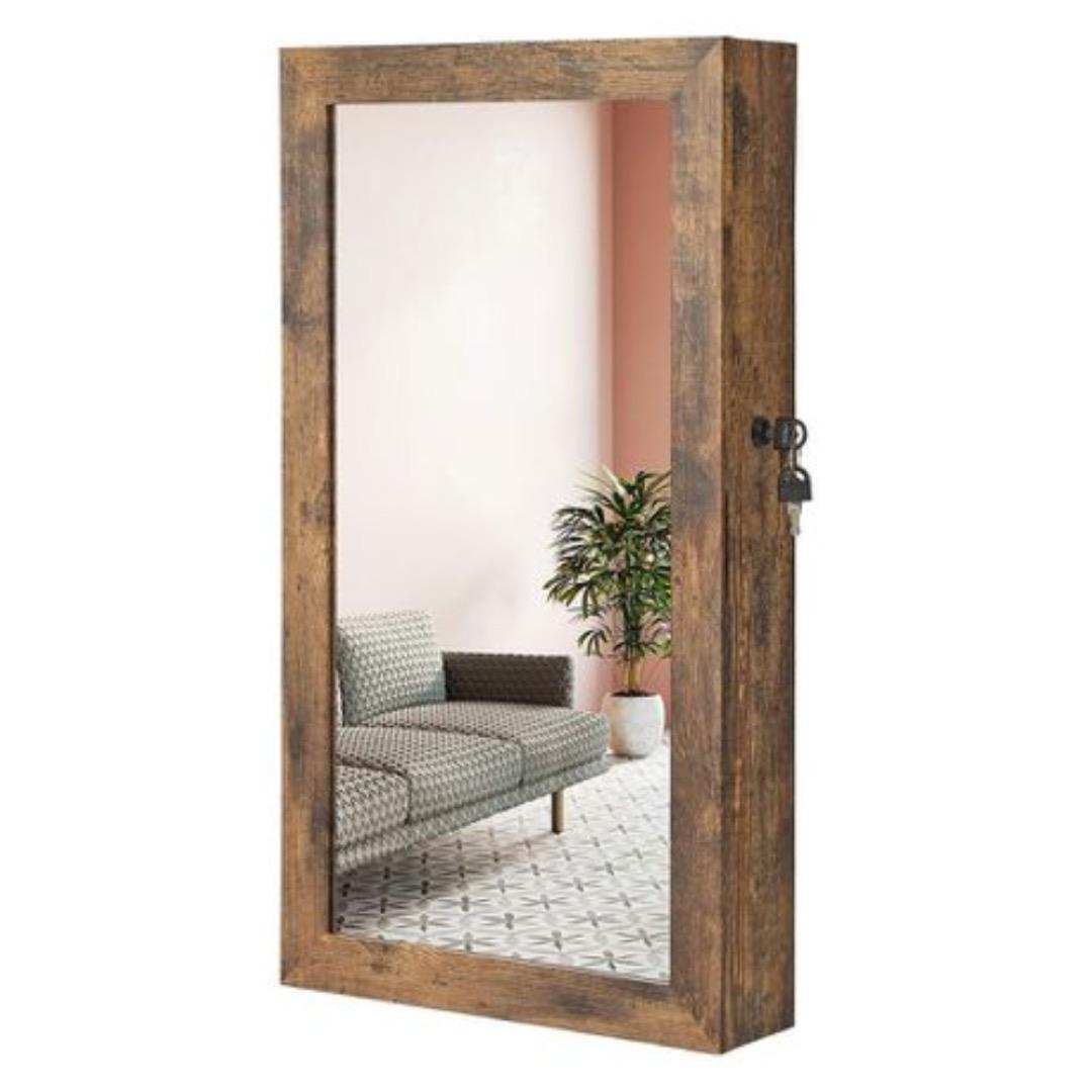 LAZAVA Rustic Lockable Jewellery Cabinet with Mirror and Hanging Storage