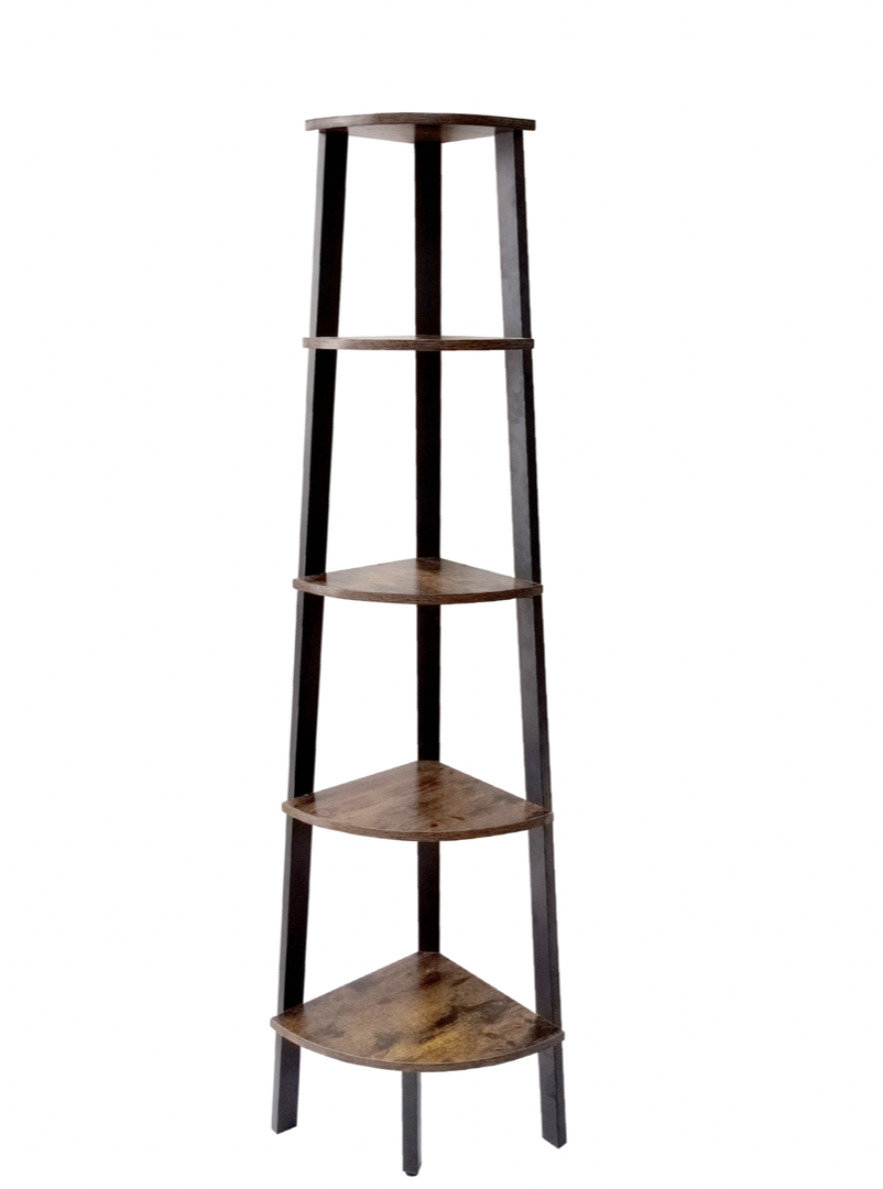 5-Tier Corner Shelf Plant Stand - Brown & Black Stainless Steel - Space-Saving Storage
