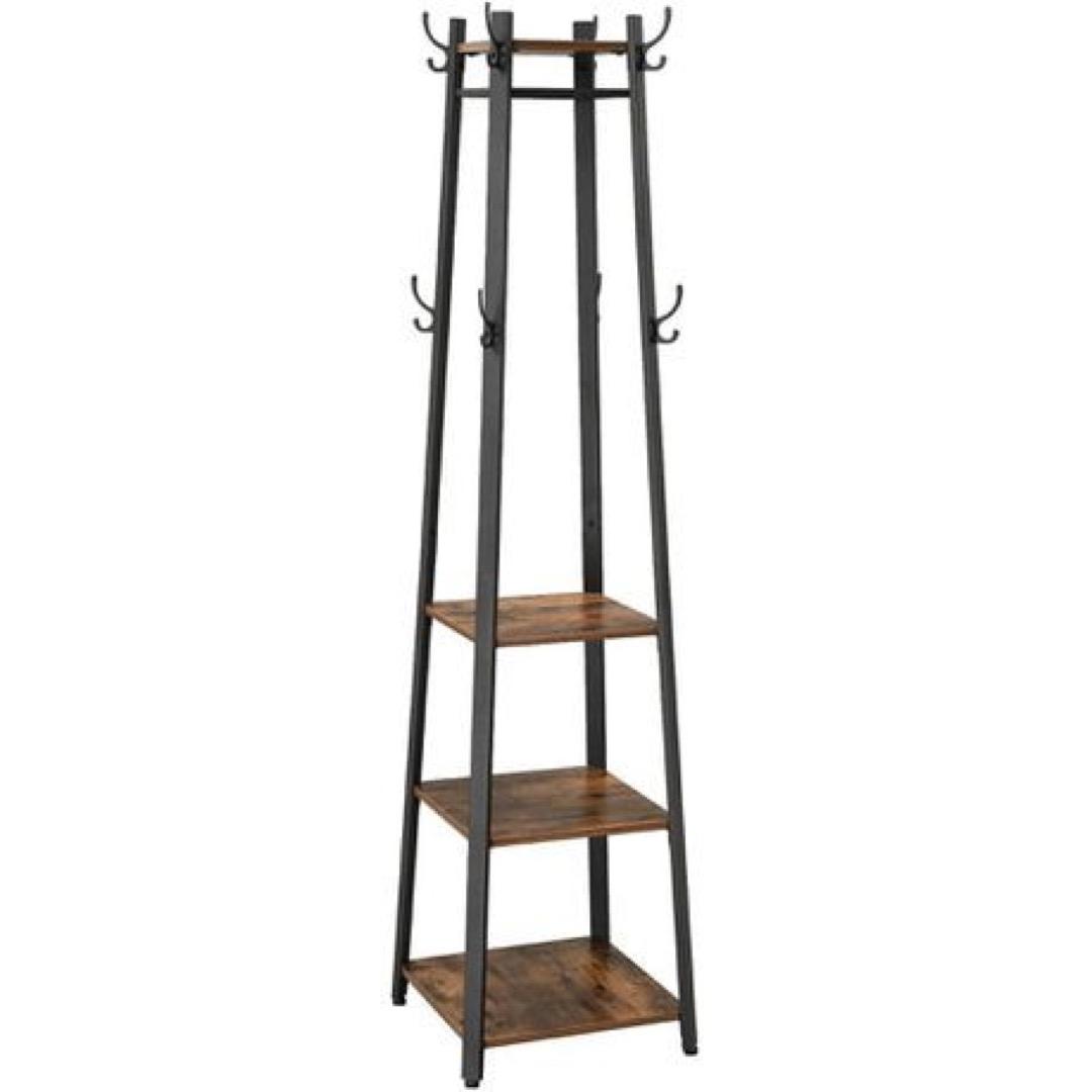 Brown & Black Coat Rack with 3 Shelves - Stainless Steel, Space-Saving, Tool-Free Assembly