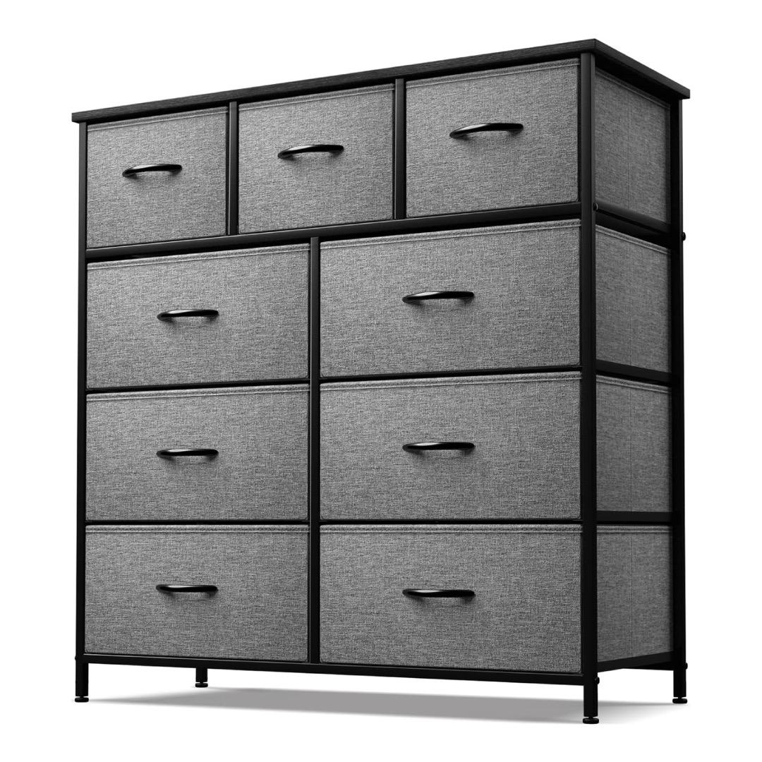 9-Tier Dark Grey Fabric Storage Cabinet - Spacious Freestanding Cloth Wardrobe Organiser for Bedroom & Living Room Use