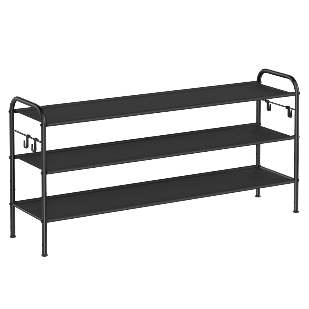 3-Tier Shoe Rack - Black Alloy Steel, Adjustable Fabric Shelves, Tool-Free Assembly