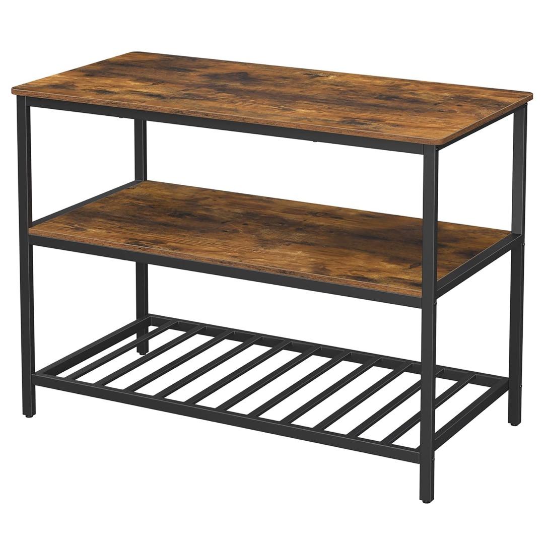 Rustic 3-Tier Kitchen Island Table - Wood & Metal Frame, Counter with Storage Shelves