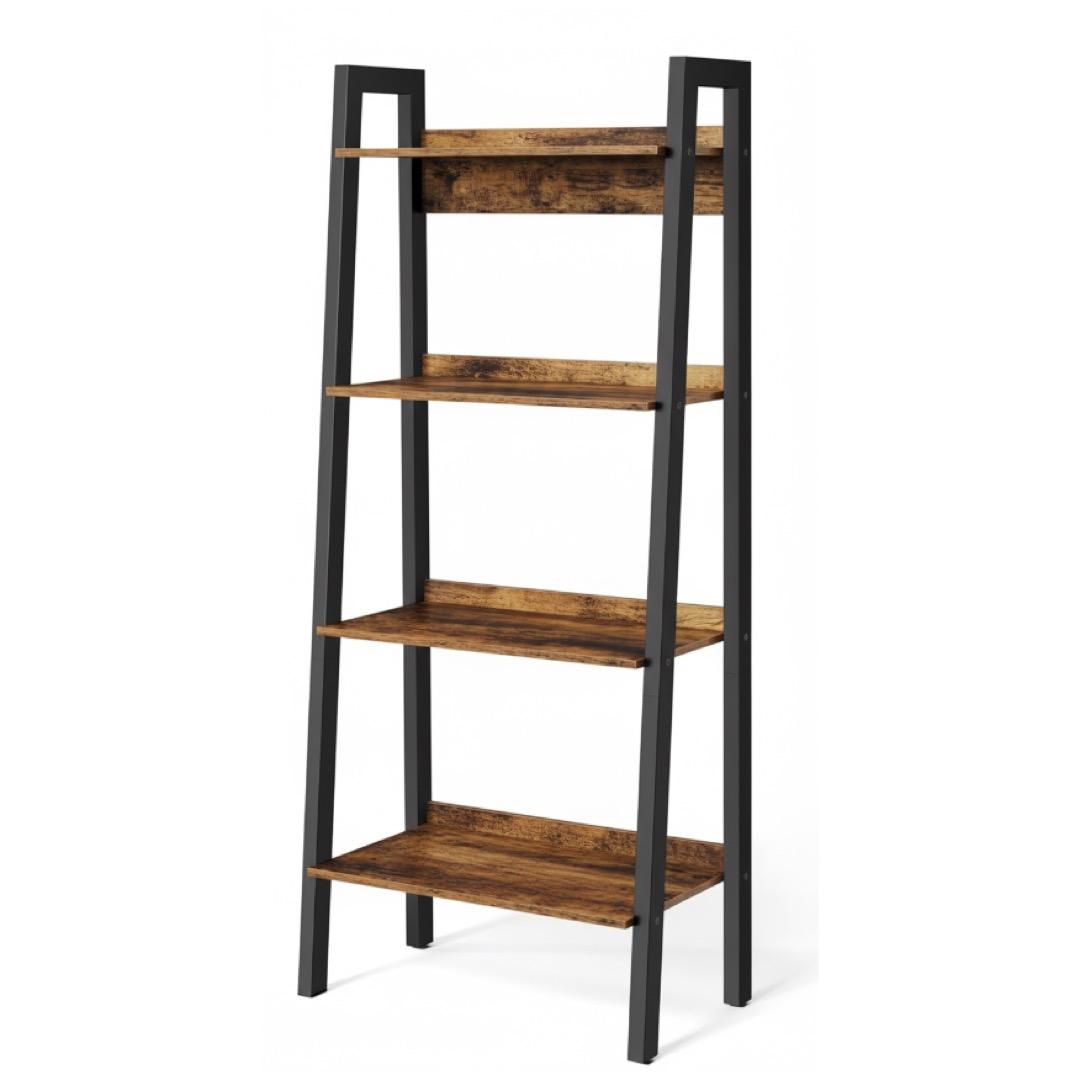 4-Tier Narrow Ladder Bookshelf - Rustic Brown & Black Living Room