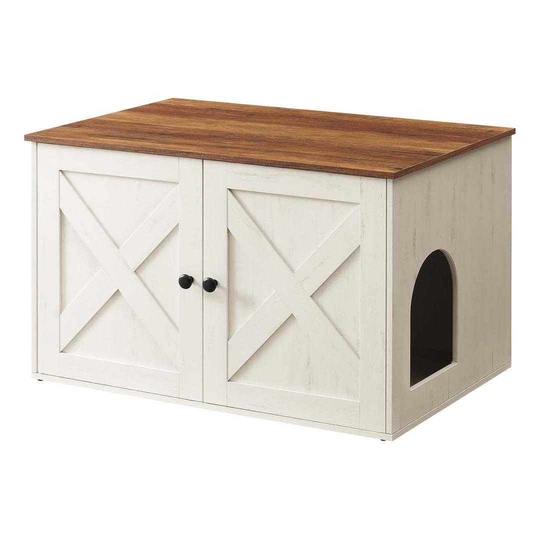 LASA Wooden Cat Litter Box Cabinet White Tabletop and Divider