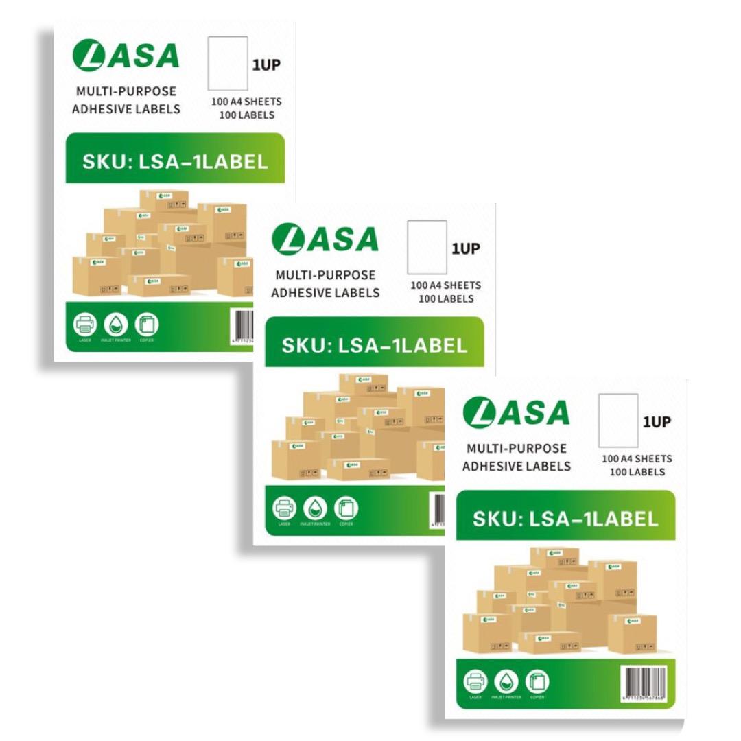LASA 1-UP Full Sheet A4 Adhesive Labels 100 Sheets – Self-Adhesive Paper for Laser Inkjet Printer, Filing & Office Daily Use