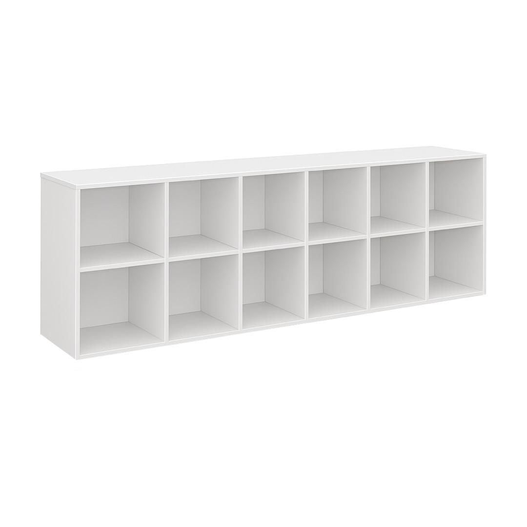 12-Cube Vertical Bookshelf - White Particle Board Storage Cabinet, 180x41x23.5cm