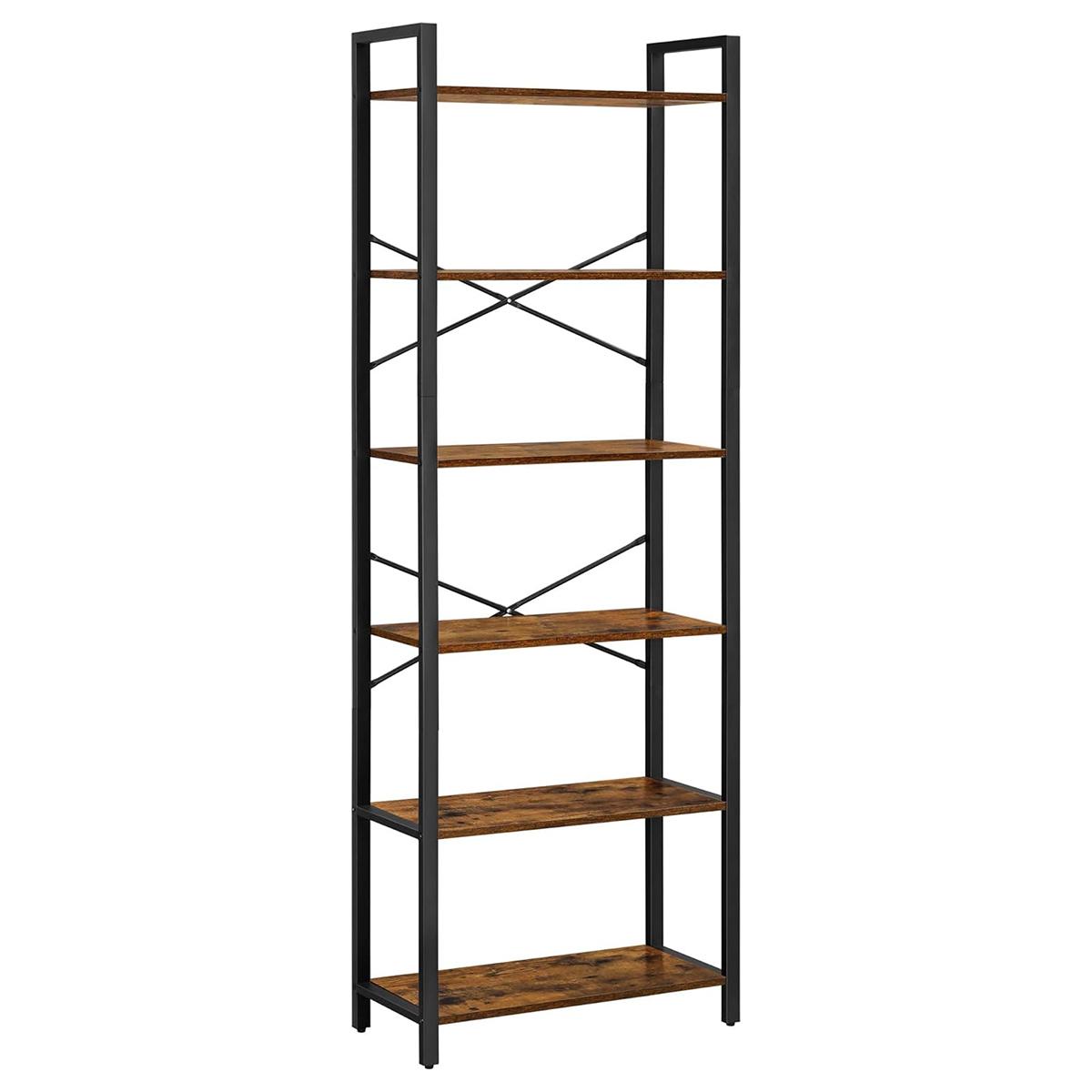 6-Tier Tall Rustic Steel Bookcase for Living Room Display 