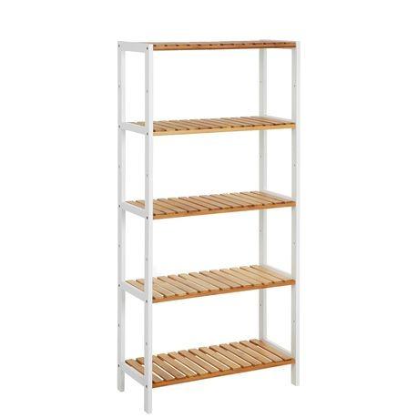 5-Tier Bamboo Storage Shelf with White Frame Wood Rack Unit