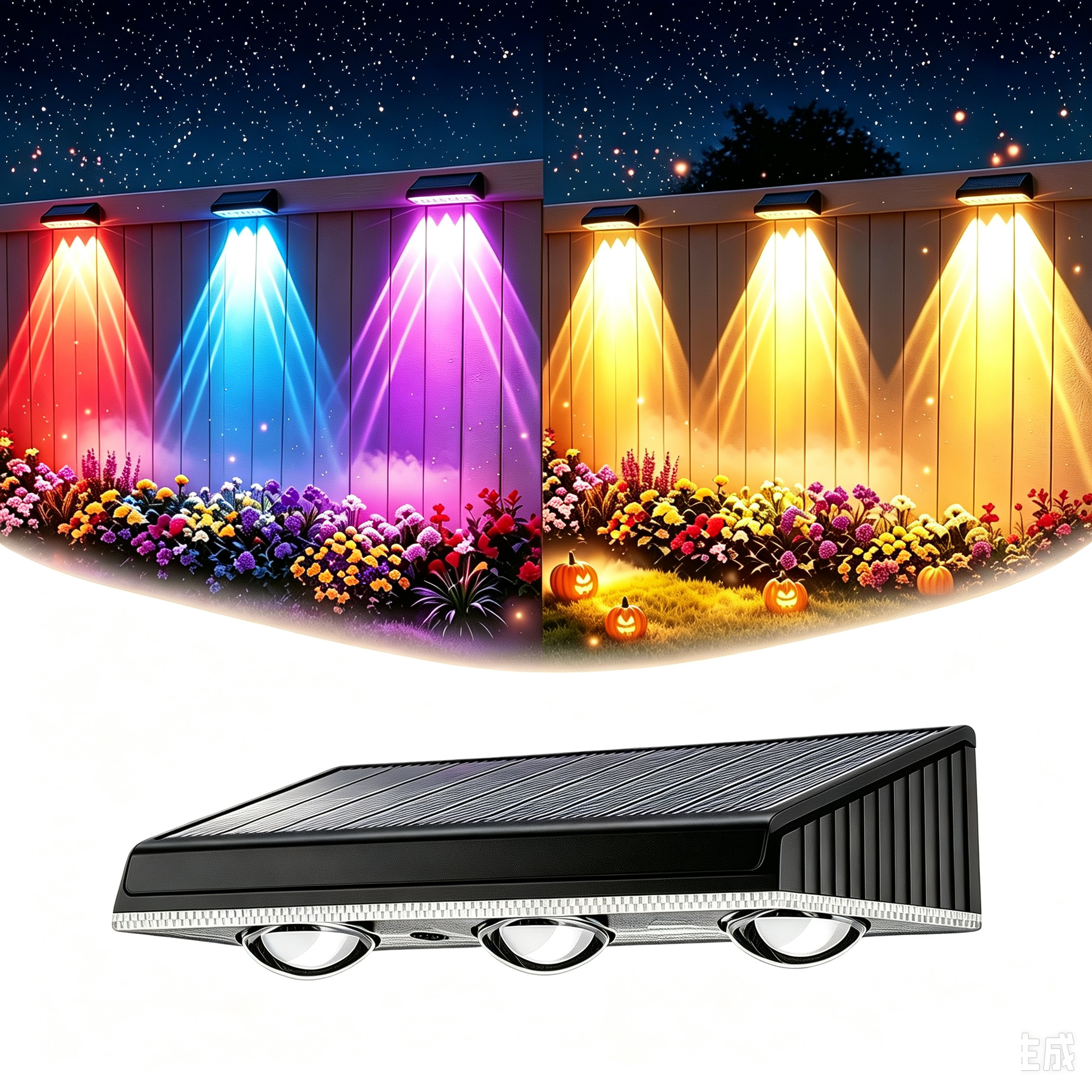 Solar Fence Wall Light with 3 LEDs, 10 RGB Colors Lighting Modes